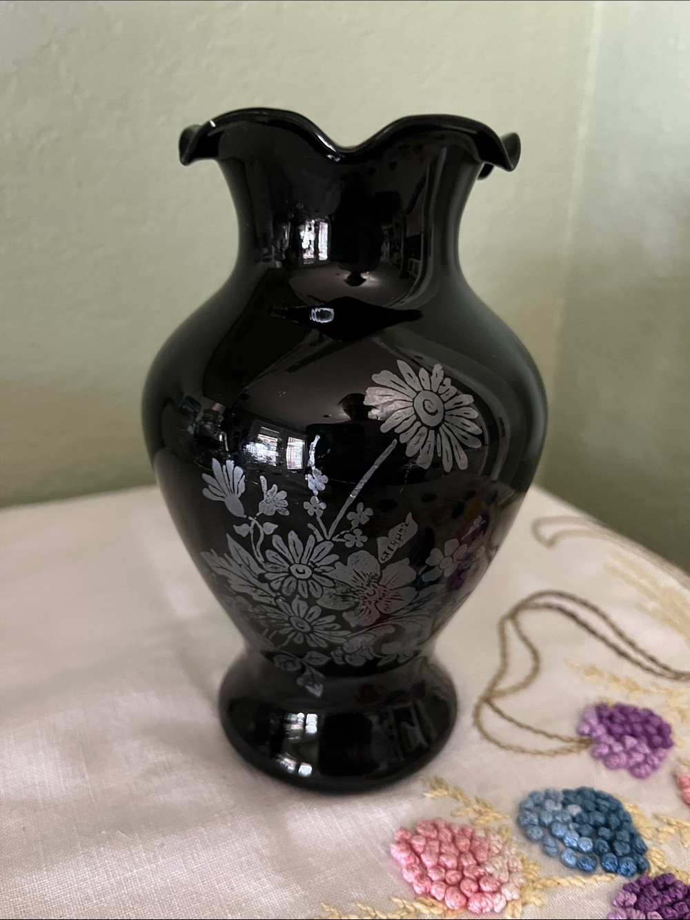 Vintage 1930s Black Amethyst Glass Vase w/ Sterling Silver Floral Overlay